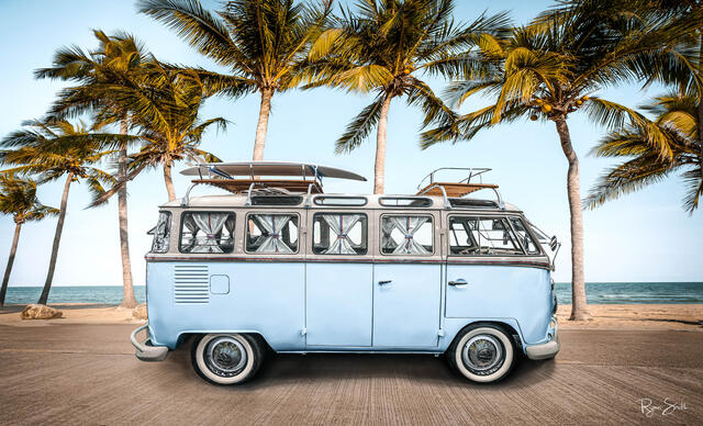 16 Window volkswagen bus amidst a landscape of coconut palm tree on tropical beach in summer. beach sign for surfing and swim. Vintage effect color filter.