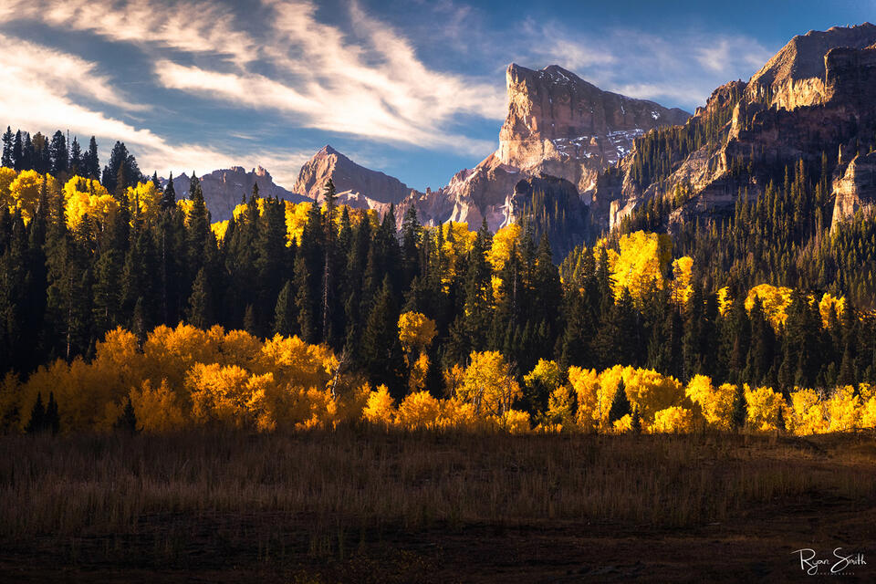 Sunlight kisses the mountains and vibrant yellow aspen trees and green spruce trees that sit in the valley in front of the mountains.
