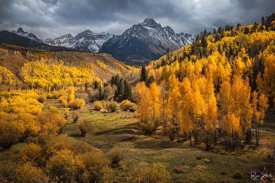 A meadow of golden leaved aspen trees leads through the valley and up to the mountain range with its tallest peaks covered in clouds.