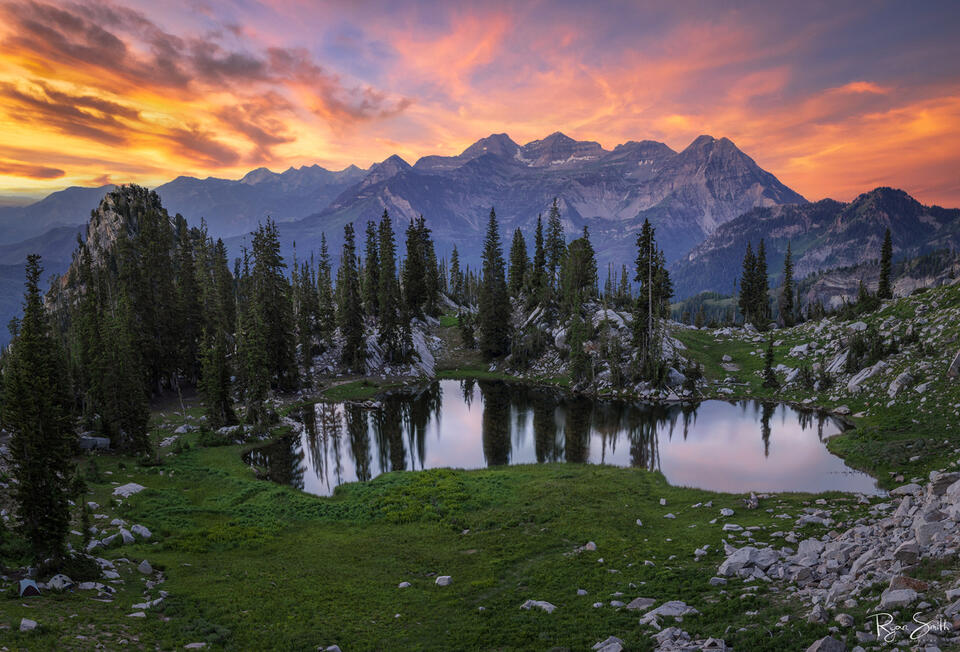 Mountain skyline at sunset with pink and orange clouds and spruce trees reflecting in a small lake. 