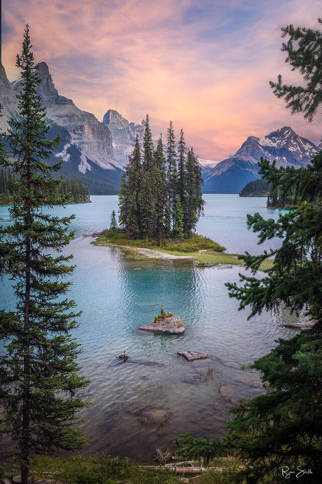 Framed by spruce trees is a small island on a lake barely big enough for the few spruce trees it holds and across the lake the Canadian Rocky Mountains are seen