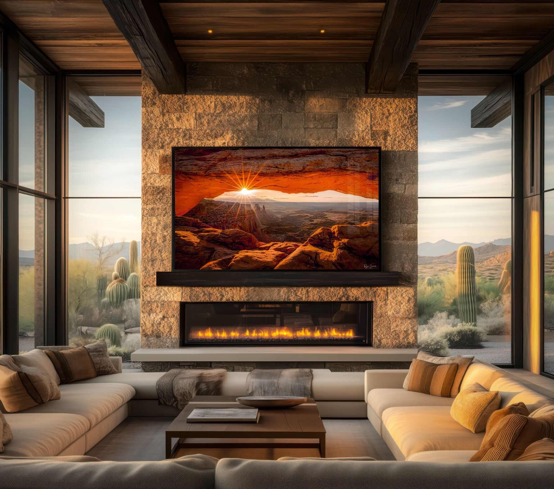 Fine art landscape print of sunrise through Mesa Arch in luxury desert living room