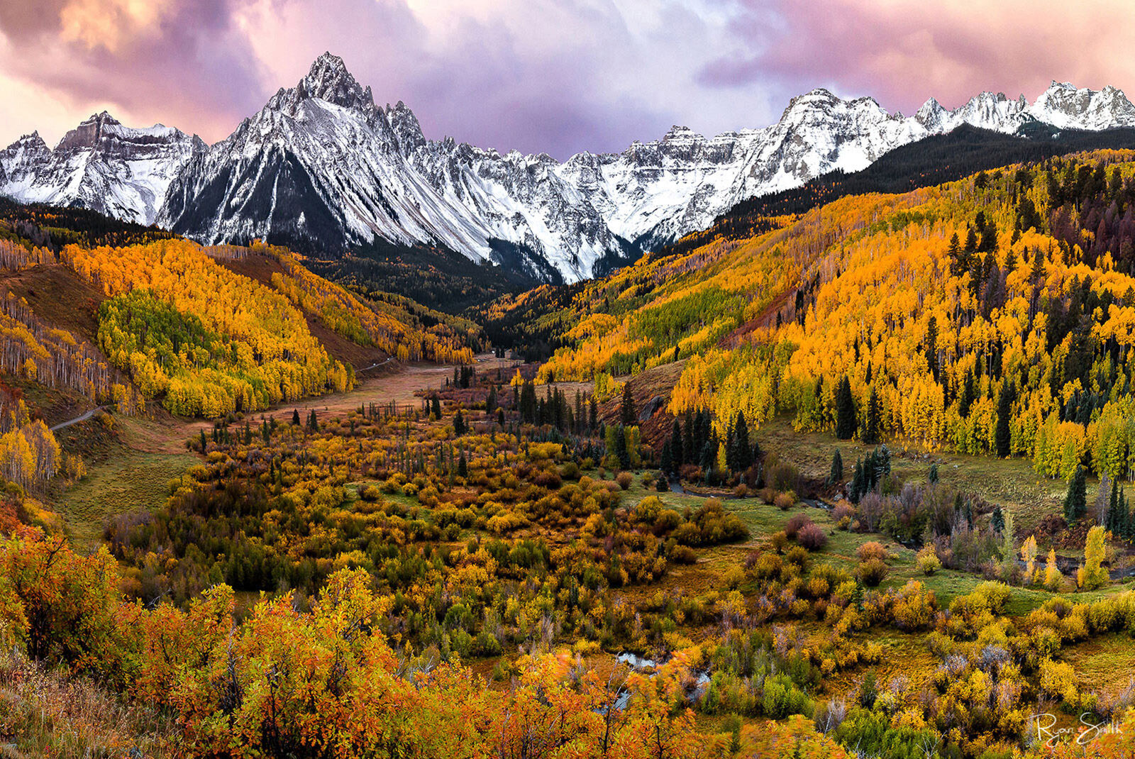 Mountain skyline at sunset with pink clouds and a valley full of gold aspen trees.