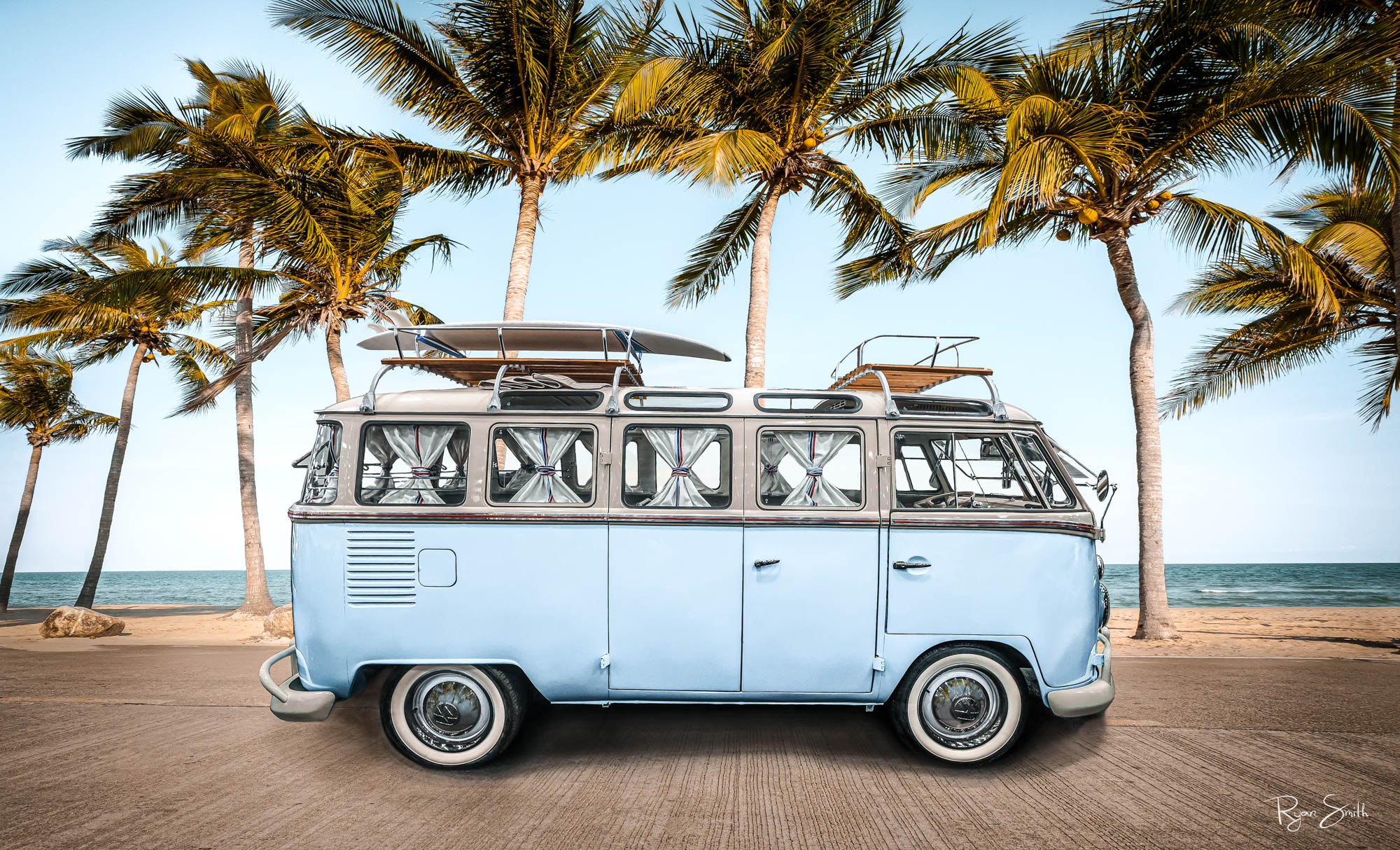 Surfs Up 16 Window volkswagen bus amidst a landscape of coconut palm tree on tropical beach in summer. beach sign for surfing and swim. Vintage effect color filter.